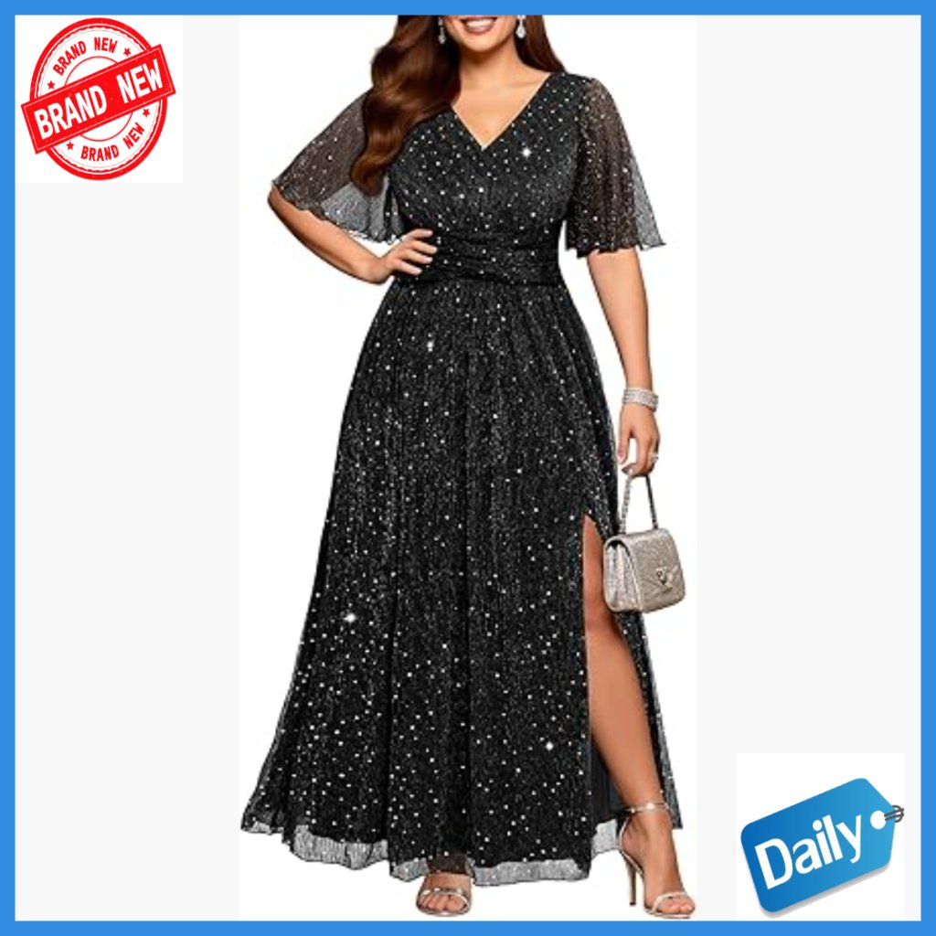 Plus Size Formal Dress Sequin V-Neck Flutter Sleeve Floor Length Gala